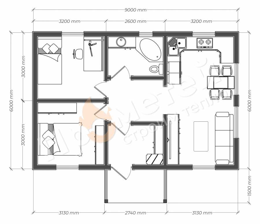 Планировка Каркасный дом 9x6 | 58м², 1 этажный
