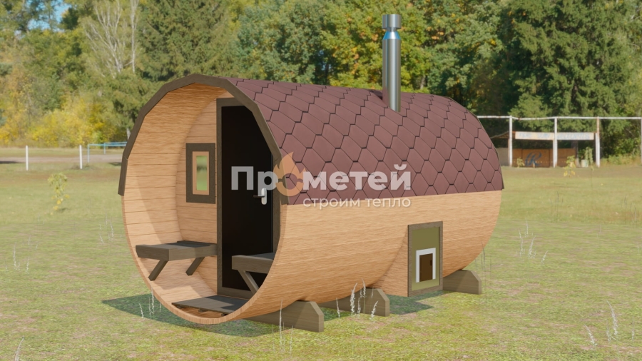 Круглая баня бочка 3.5 метра с террасой