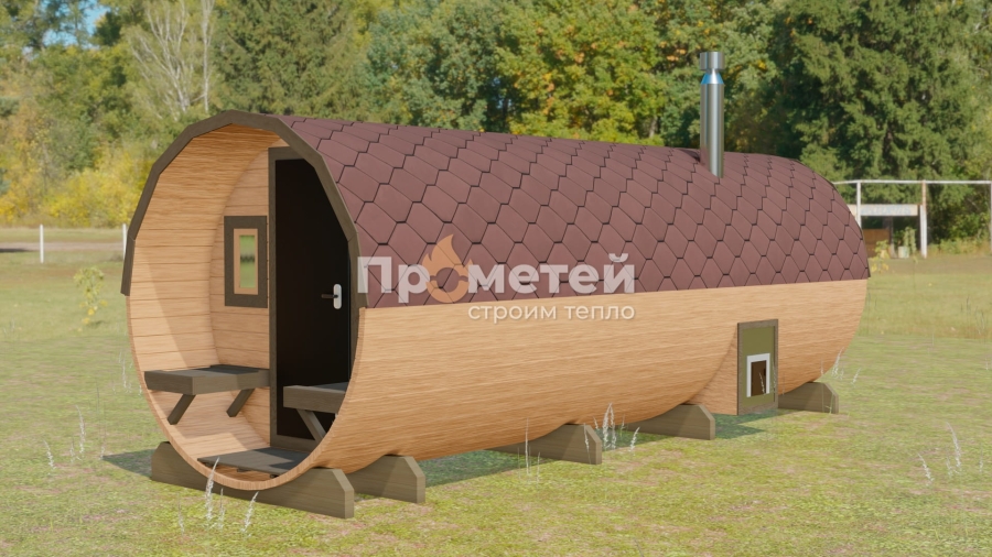 Круглая баня бочка 6 метров с террасой