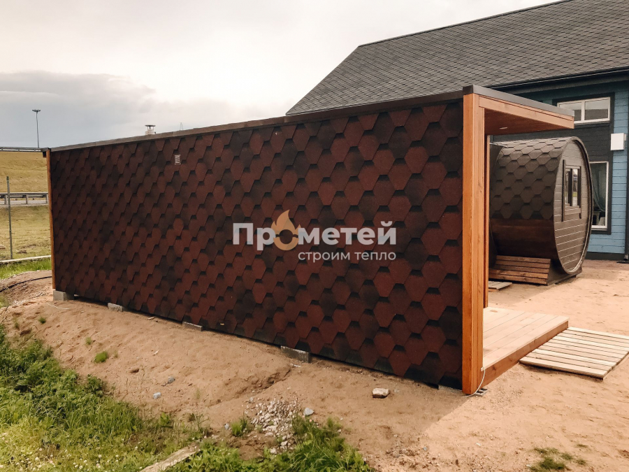 Каркасная баня 2.5x8 метров с террасой