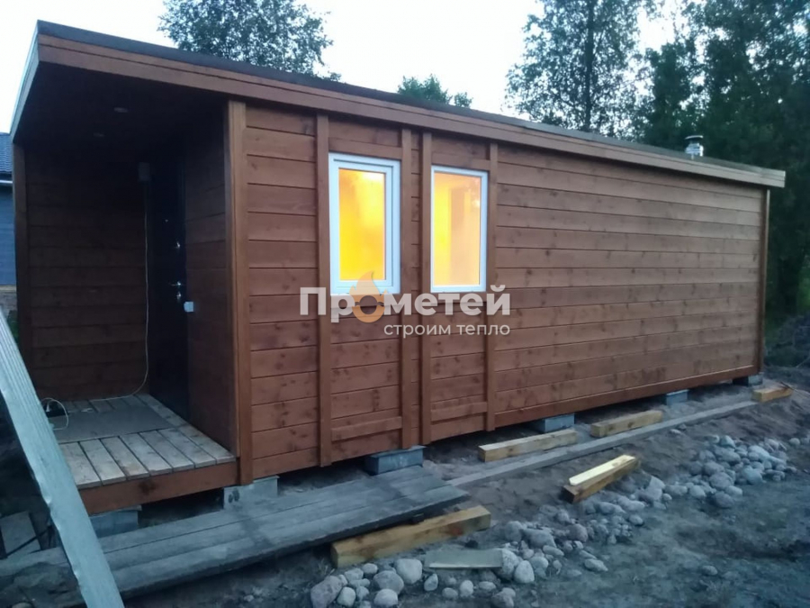 Каркасная баня 2.5x8 метров с террасой