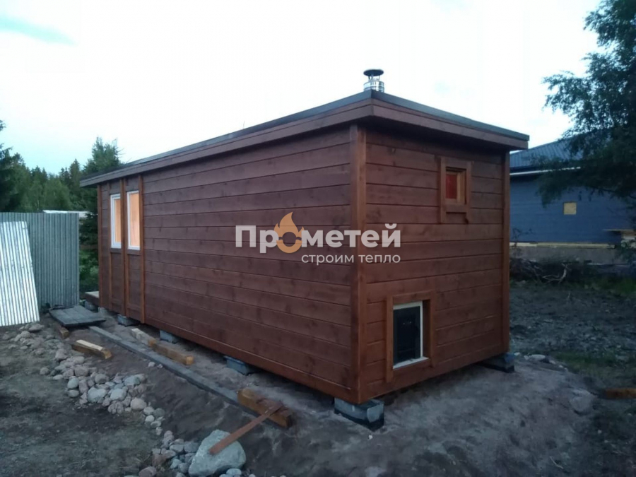 Каркасная баня 2.5x8 метров с террасой