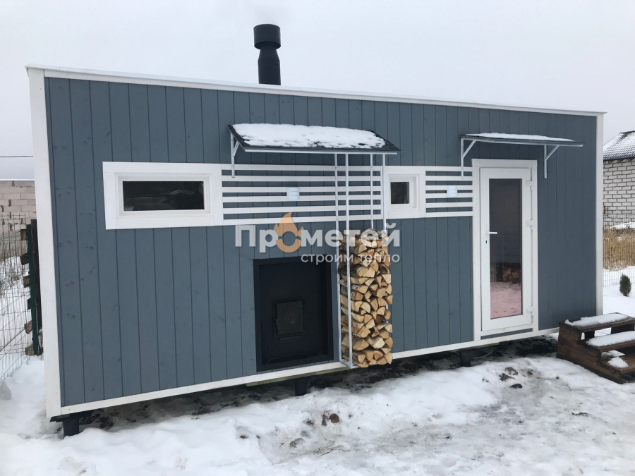 Каркасная баня Норд 2.5x6 метров с навесами