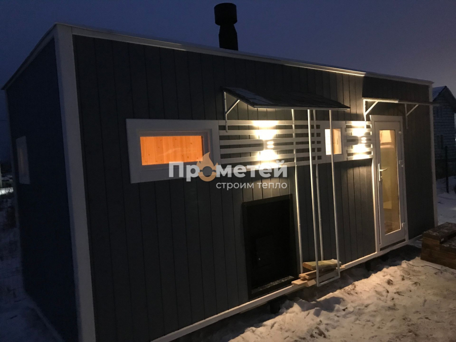 Каркасная баня Норд 2.5x6 метров с навесами