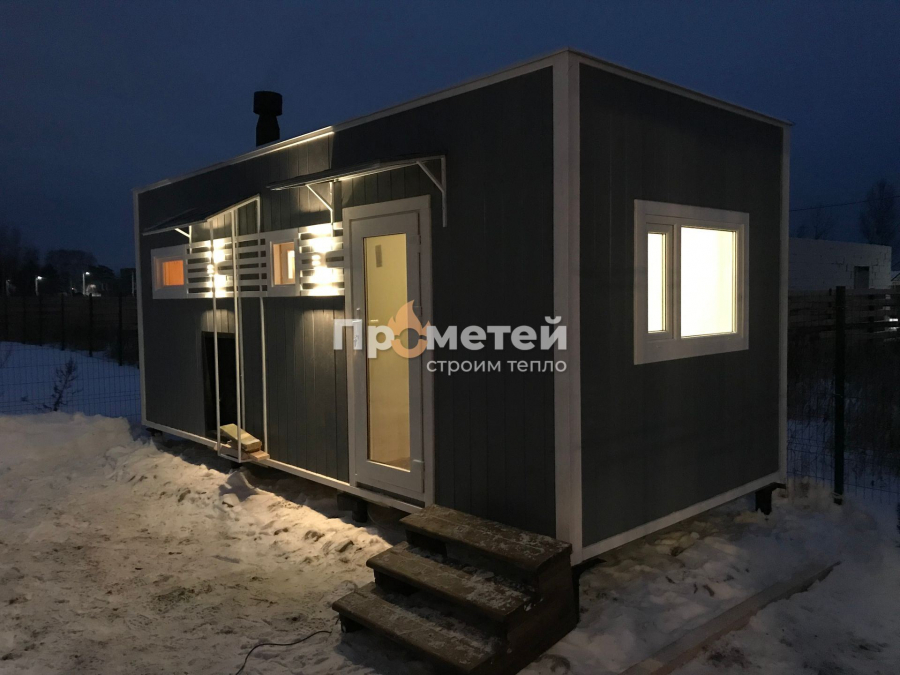 Каркасная баня Норд 2.5x6 метров с навесами