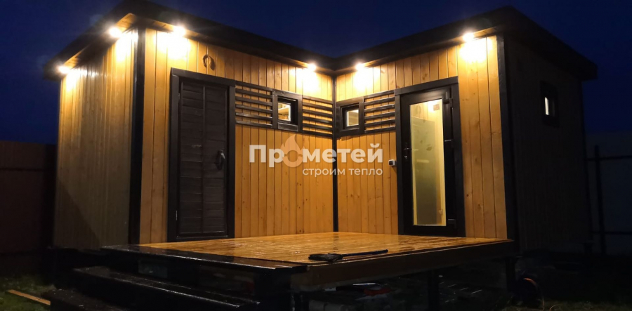 Г-образная каркасная баня Норд 2.5x5 метров с модулем 2.5х3 метра