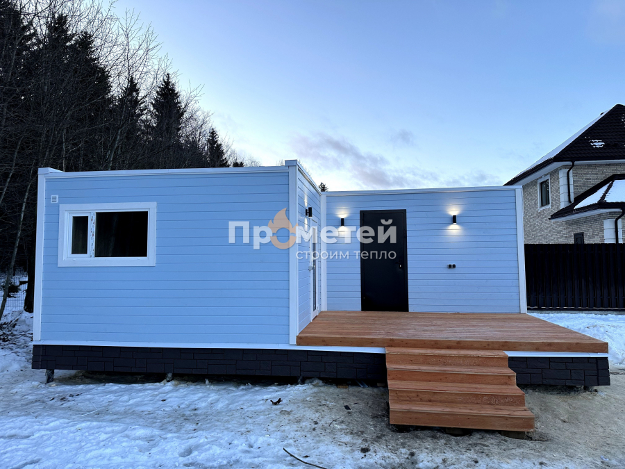 Г-образная каркасная баня 6x8 метров