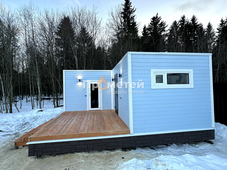 Г-образная каркасная баня 6x8 метров